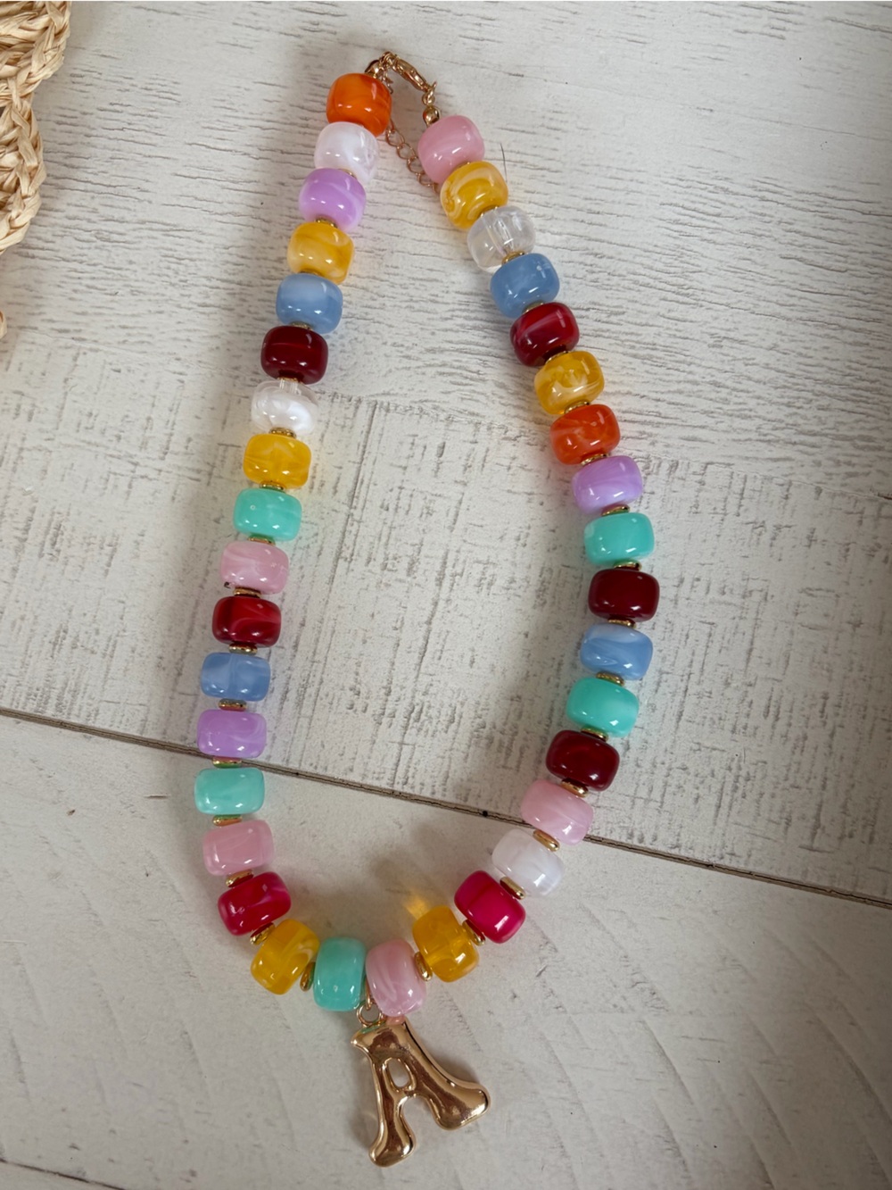 Colorful Multicolor Bead Necklace with Gold A Initial Charm